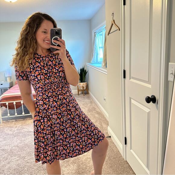 Boden Navy Blue Pink Retro Floral Jersey Mini Dress 6R - Picture 2 of 10